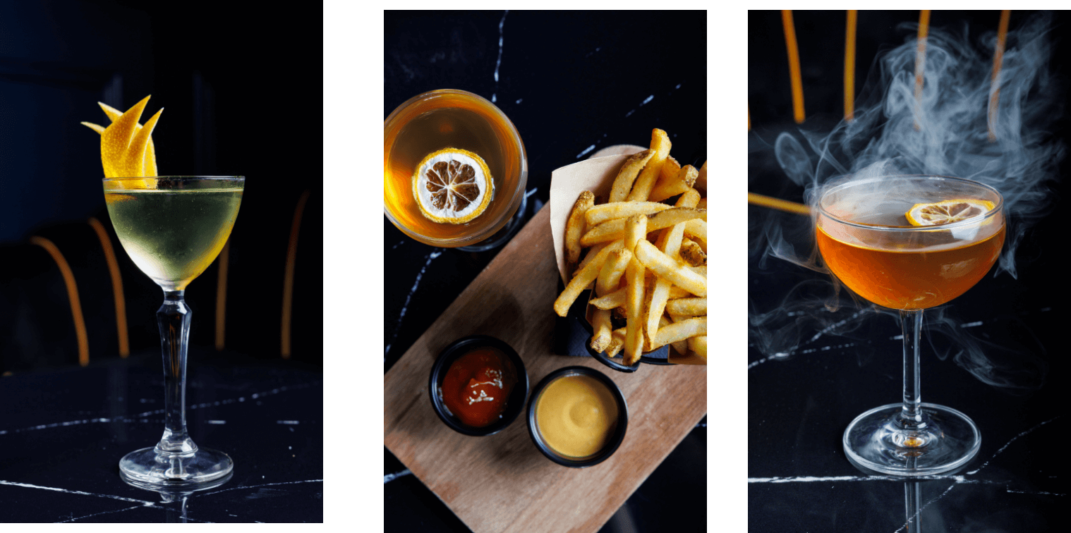 A tasting board: signature cocktail, bites, and a smoking pour