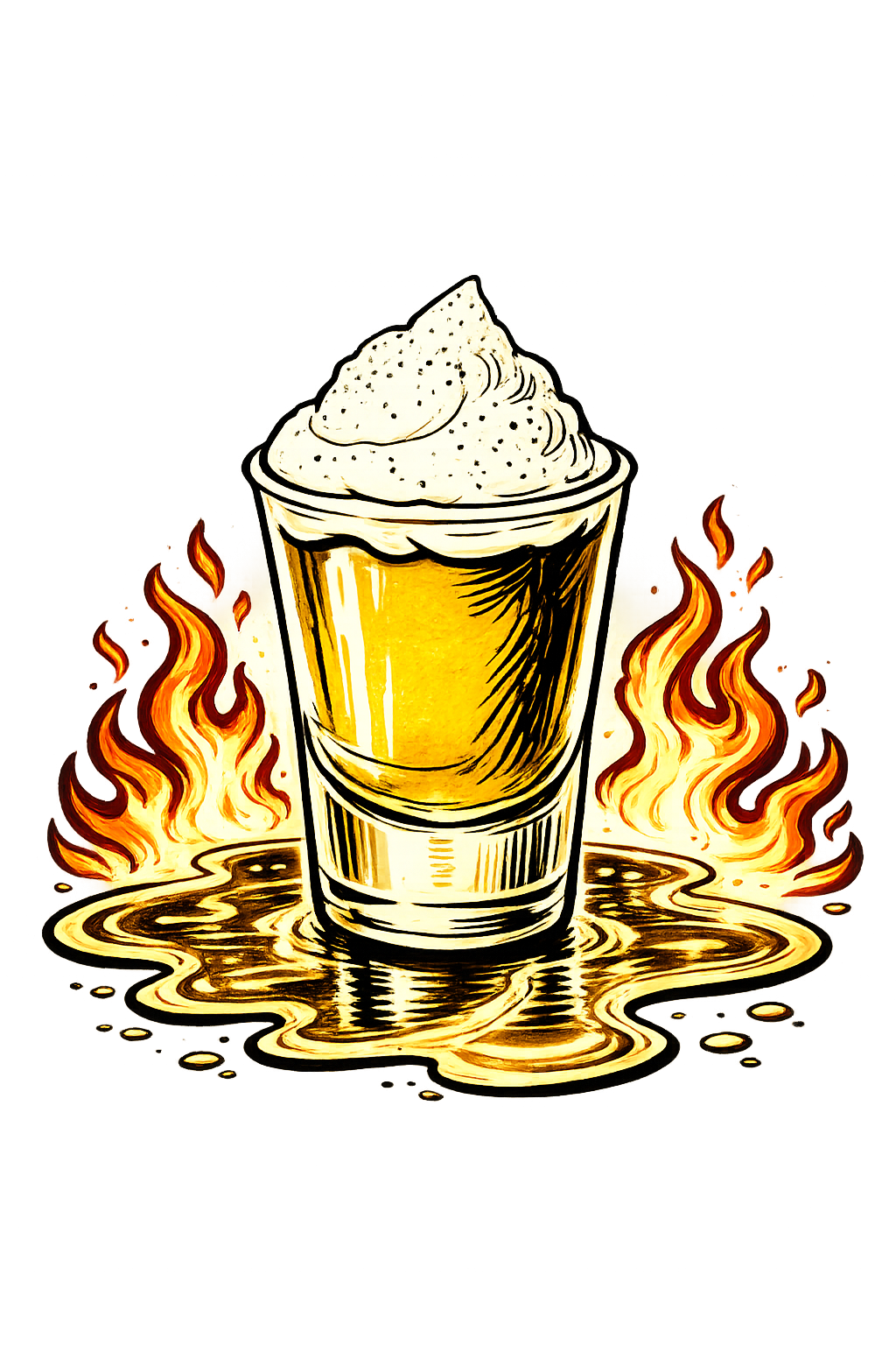 The Dutch Apple Pie Shot — flames around a topped shot glass